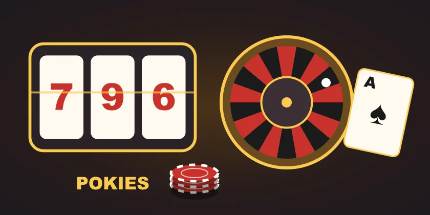 Viva96 Casino games and pokies Viva96 Casino games illustration with pokies reels, a roulette wheel and a playing card